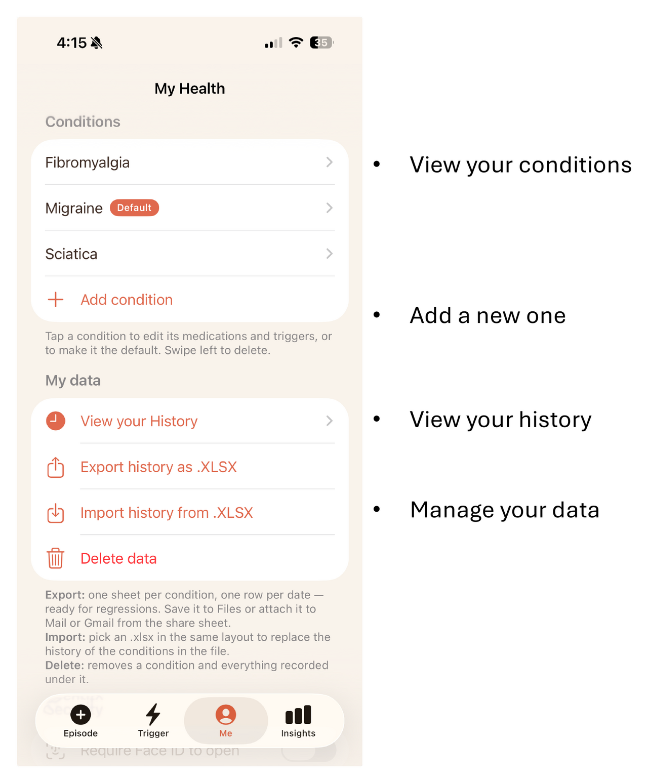 My Health screen: view your conditions, add a new one, view your history, manage your data