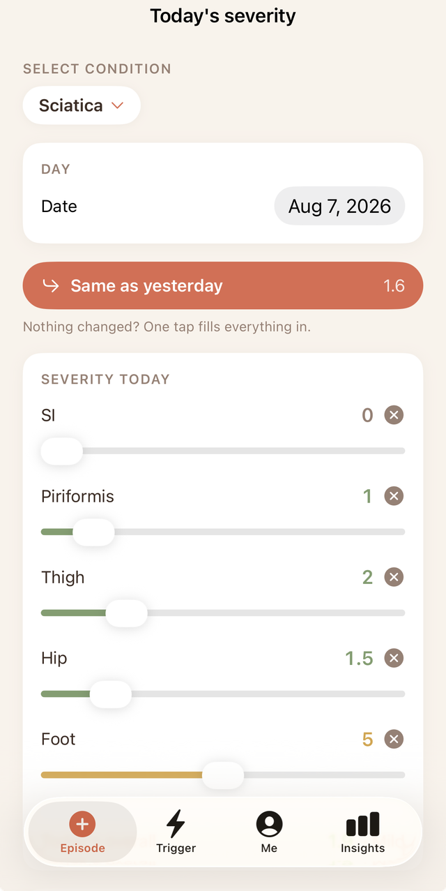 TrackDX daily severity screen with a 0-10 slider for each tracked body location