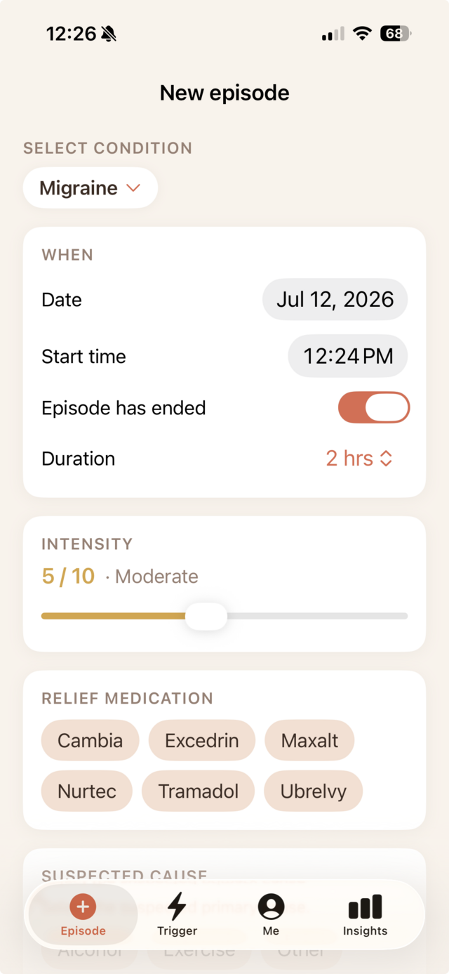 TrackDX New Episode screen showing intensity and relief medication