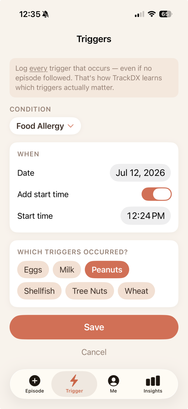 Triggers screen for logging triggers on any day